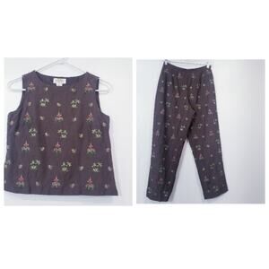 Talbots Brown Plant Elephants Embroidered Top & Pants Two-Piece Set